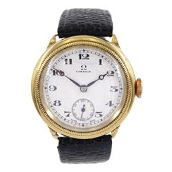 Omega gold-plated gentleman's manual wind wristwatch, circa 1930's, white enamel dial with Arabic numerals and subsidiary seconds dial, on black leather strap