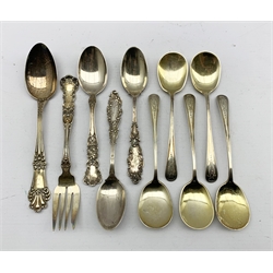 American sterling silver cutlery by Gorham comprising five fruit spoons with engraved stems, pair of sterling teaspoons, one inscribed 1900, sterling silver spoon and fork and a spoon by Watson Co. 8.5oz