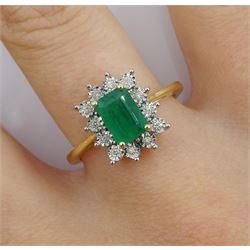 9ct gold emerald and round brilliant cut diamond cluster ring, stamped 375, emerald approx 1.00 carat