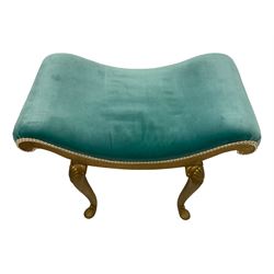 French style gilt dressing table or window stool, the dished and scrolled seat upholstered in turquoise fabric, on shell and scroll carved cabriole supports with acanthus carved feet 