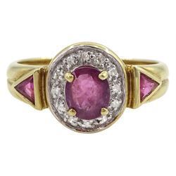 Gold oval ruby and diamond chip cluster ring, with trillion cut ruby shoulders, hallmarked 9ct