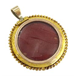 Victorian gold Etruscan revival turquoise and rose cut diamond circular pendant, with glazed back, stamped 15ct

