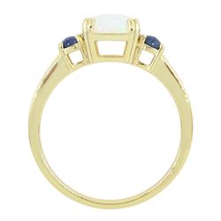 Silver-gilt three stone opal and sapphire ring, stamped 925