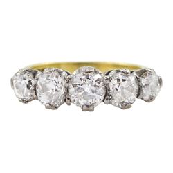 18ct gold five stone old cut diamond ring, hallmarked, largest diamond approx 0.60 carat, total diamond weight approx 2.10 carat