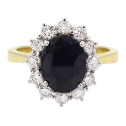 18ct gold oval sapphire and round brilliant cut diamond cluster ring, hallmarked, total diamond weight approx 0.55 carat, sapphire approx 2.60 carat