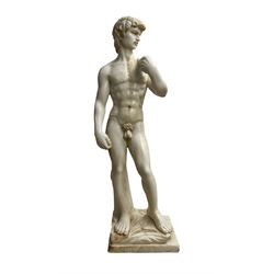After Michelangelo (1475-1564): 'David', a carved marble statue, possibly Carrara on a square base, H88cm overall. After the original formerly outside the Palazzo Vecchio and now in the Academia Gallery Florence
