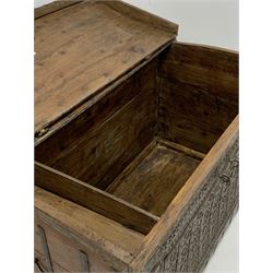 Indian iron bound hardwood chest, the hinged lid revealing tray to interior, with applied hammered hammered to the front W115cm, D64cm, H70cm