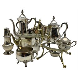 Silver panel sided sugar caster 2.5oz, Viners tea and coffee set, plated tea kettle etc