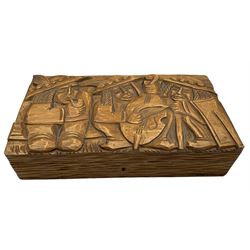 20th century Swiss cigar box, the hinged cover carved with a tavern scene, L30cm