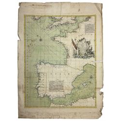 Thomas Kitchin (British 1719-1784): 'A Chart of the English Channel, the Bay of Biscay, with part of the Ocean and Mediterranean' and 'Chart of the Mediterranean and Adriatic Sea with the Archipelago and part of the Black Sea', two 18th century engraved maps with hand-colouring 45cm x 63cm (2) (unframed)