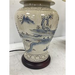 Pair of table lamps of tapering form, decorated with a japanese landscape and finished with a crackle glaze, including shade H64cm 