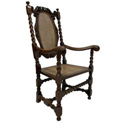 19th century walnut carver armchair, scroll carved back and cresting rail, cane work back and seat, scroll carved arm terminals on barley twist supports