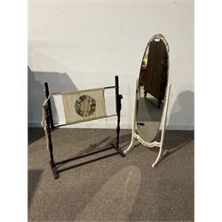 White and gilt painted Cheval mirror of classical design, together with a turned mahogany embroidery stand 