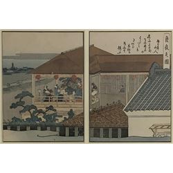 After Kitagawa Utamaro (Japanese 1753-1806): Dining on the Terrace, pair woodblock prints, framed as one 18cm x 13cm each