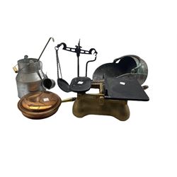 Set of W & T Avery shop scales, set of 19th century wrought iron scales, warming pan and other metal ware 
