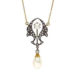 Gold and silver pearl and diamond pendant necklace, the necklace chain stamped 375 