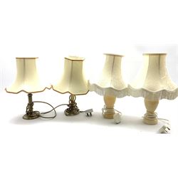 Three pairs of lamps with shades and another table lamp with toleware style base, lion mask ring handles and green shade (7)