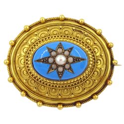Victorian gold and silver turquoise enamel seed pearl brooch, with cannetille decoration and glazed locket verso