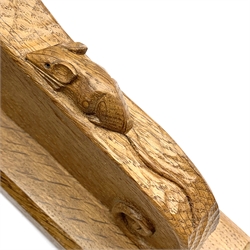 'Mouseman' pair carved oak wall sconces with mouse signature, scrolled decoration on chamfered rectangular mounts, with fittings, by Robert Thompson of Kilburn, H23cm