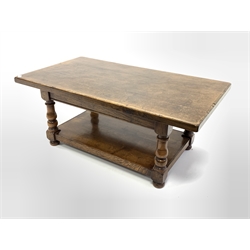 18th century style solid oak coffee table, turned supports united by under tier, 122cm x 68c, H50cm