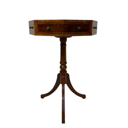 Late 20th century yew wood tripod table, octagonal banded top with segmented figured veneers, fitted with two frieze drawers, on turned mahogany base with three splayed supports