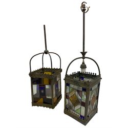 Early 20th century brass square pendant hall lantern with leaded and coloured glass panels H137cm overall and two others of similar design (3)