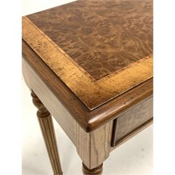 Figured walnut hall table, burr top with cross band over four frieze drawers, raised on turned reeded supports 131cm x 30cm, H77cm