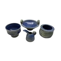 Jane Hamlyn (British 1940-): Four pieces of salt glazed studio pottery to include a twin handled bowl L22cm and matching jug, footed bowl and ribbed vase (4)