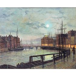 Circle of Walter Linsley Meegan (British c1860-1944): Whitby Harbour at Moonlight, oil on board signed 49cm x 60cm