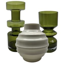 Keith Murray for Wedgwood, Moonstone glazed Football vase, H20cm together with two Scandinavian green glass vases (3)