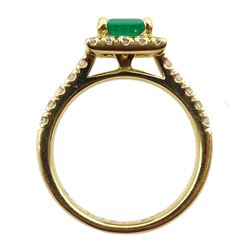 18ct gold square cut emerald and round brilliant cut diamond cluster ring, with diamond set shoulders, hallmarked, emerald approx 0.85 carat