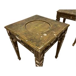 Pair of 20th century giltwood and gesso vase or lamp side table, the moulded square top with circular central recess, decorated with applied foliage and flower head mouldings, on square tapering supports with spade feet