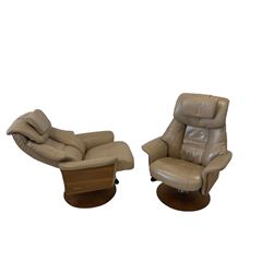 Zedere - pair of contemporary reclining swivel chairs together with matching footstools, upholstered in cream leather 