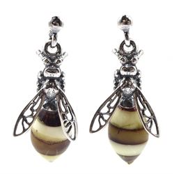 Pair of silver amber bee pendant stud earrings, stamped 925