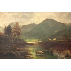 English School (19/20th century): Highland Cows Watering in a Loch, oil on canvas unsigned 60cm x 90cm