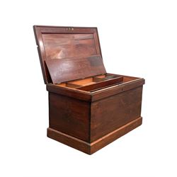 Victorian stained pine carpenters tool chest, the hinged lid revealing mahogany lined interior fitted with three sliding lift out compartments with multiple divisions, raised on skirted base W92cm, H57cm, D54cm 