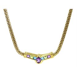 9ct gold pear shaped amethyst, princess cut blue topaz, amethyst and peridot necklace, stamped 375