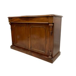 Late 19th century mahogany chiffonier, serpentine top with moulded edge, fitted with single drawer over two panelled cupboard doors enclosing single shelf, raised on plinth base
