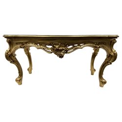 Silik Lo Stile Di Classe - Italian Rococo style gilt coffee table, shaped serpentine top, the apron with central cartouche flanked by scrolling, raised on scrolled cabriole supports