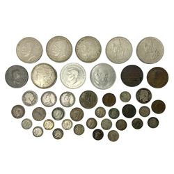 Great British and World coins, including two Queen Victoria 1887 shillings, three King George V 1935 crowns, various silver threepence pieces, United States of America 1921 Morgan dollar etc