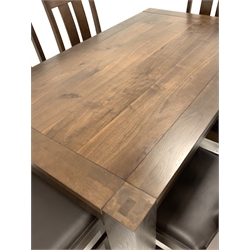 Contemporary solid walnut dining table raised on block supports, (150cm x 90cm, H75cm) together with a matching set of six rail back walnut dining chairs with leather upholstered seat panel, (W49cm)