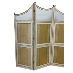 Late 19th century parcel gilt three-panel folding screen, curved upper rails over mottled glass and upholstered panels, moulded frame