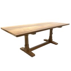 Peter 'Rabbitman' Heap of Wetwang - Yorkshire oak rectangular refectory dining table, the adzed top over octagonal baluster supports with sledge feet united by stretcher 213cm x 86cm, H74cm

