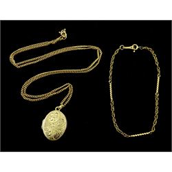 Gold locket pendant necklace and gold fancy link bracelet, both hallmarked 9ct