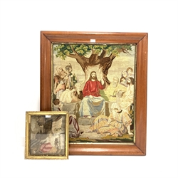 Early 19th century woolwork picture of a young girl playing with a cat and Large 19th century religious tapestry in mahogany frame, 97cm x 83cm (2)