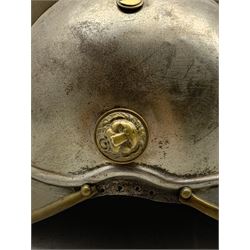 19th century German brass firefighter's helmet the brass comb with ball finial above a shield shaped helmet plate bearing the letter O and two lion mask bosses, lacking liner, H25cm 
