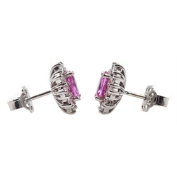  Pair of 18ct white gold pink sapphire and diamond cluster stud earrings, hallmarked, sapphire total weight approx 1.70 carat, diamond total weight approx 0.80 carat  