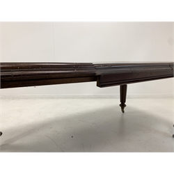 Victorian mahogany wind out extending dining table, rectangular moulded top over turned reeded tapered supports terminating in brass cup and ceramic castors, wind out mechanism with plate for 'Joseph Fitton, Britannia works' and one additional leaf 