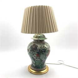  20th century Chinese Famille Verte baluster form table lamp with shade, H63cm overall  