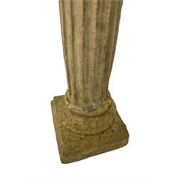 Cast stone garden bust in the form of Queen Victoria, on a fluted Greek column pedestal with a composite capital and stepped plinth base